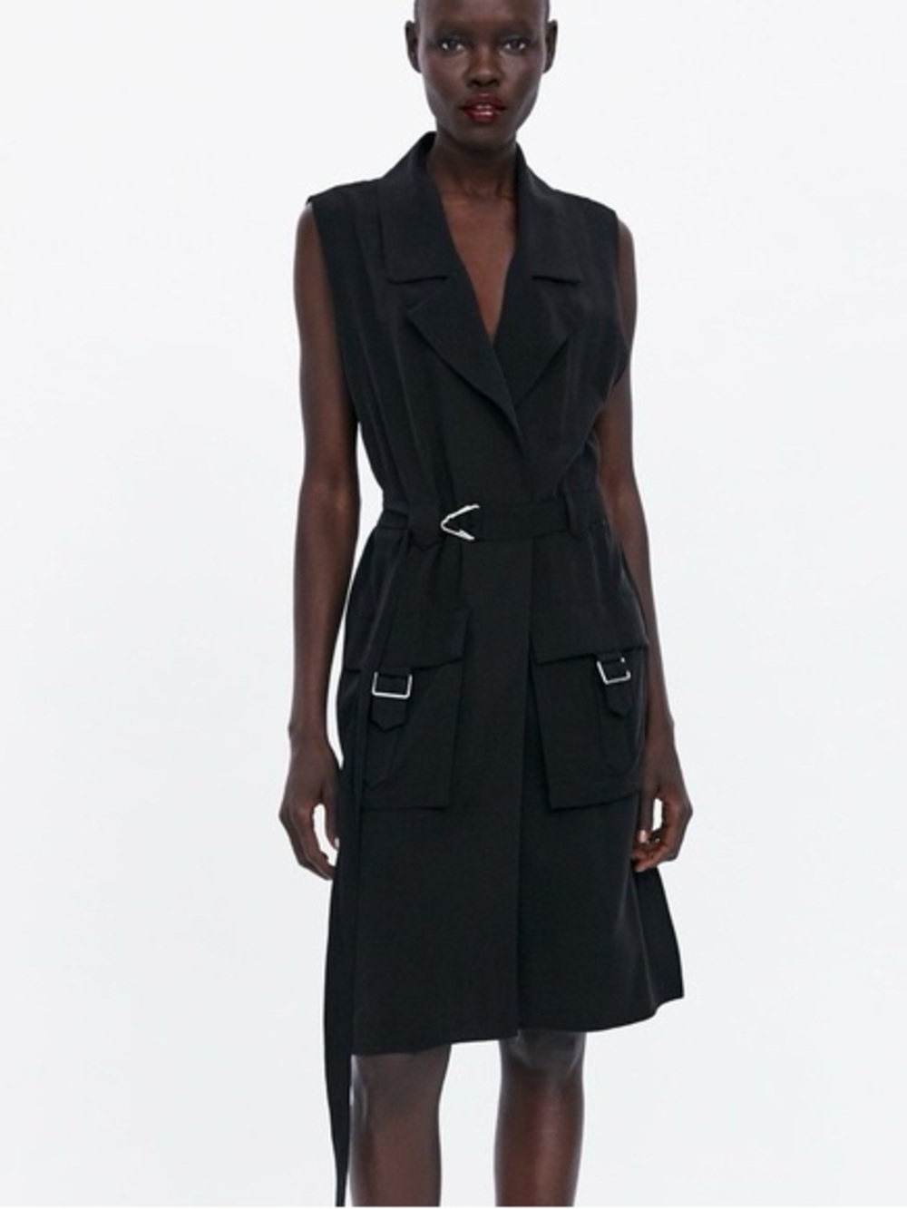 Zara Black Sleeveless Waistcoat Long Belted Vest with Cargo Pockets Size M